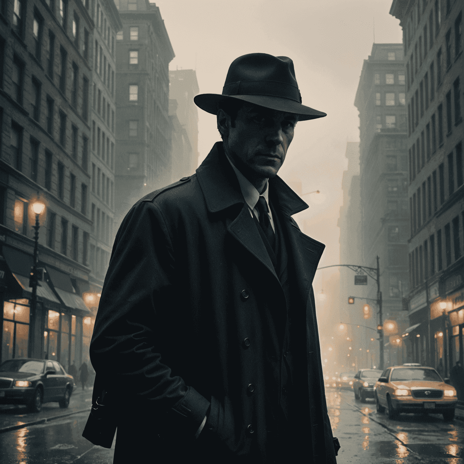 Cover of a mystery novel featuring a silhouette of a detective against a foggy cityscape