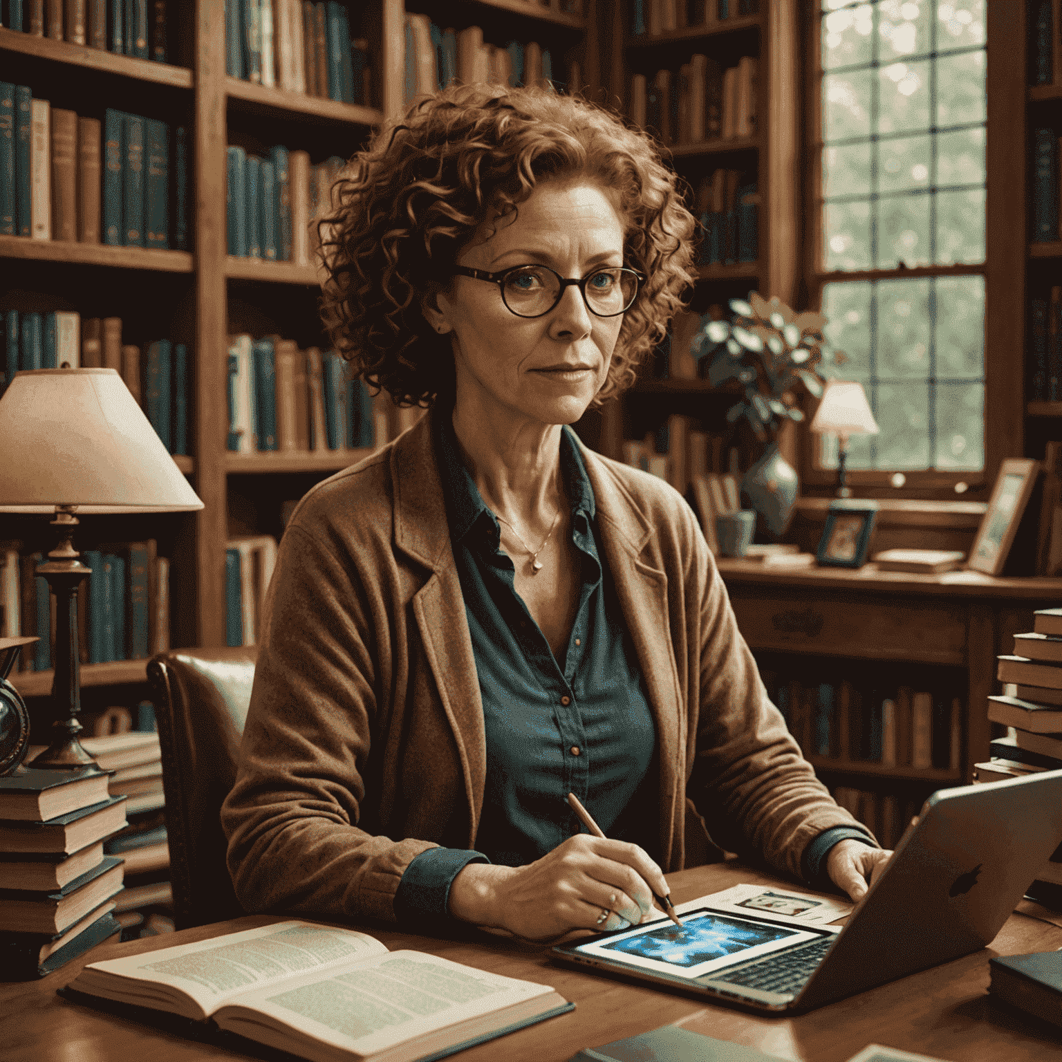 Eliza Thornberry, a middle-aged woman with curly red hair and glasses, sitting in a cozy library surrounded by e-readers and tablets