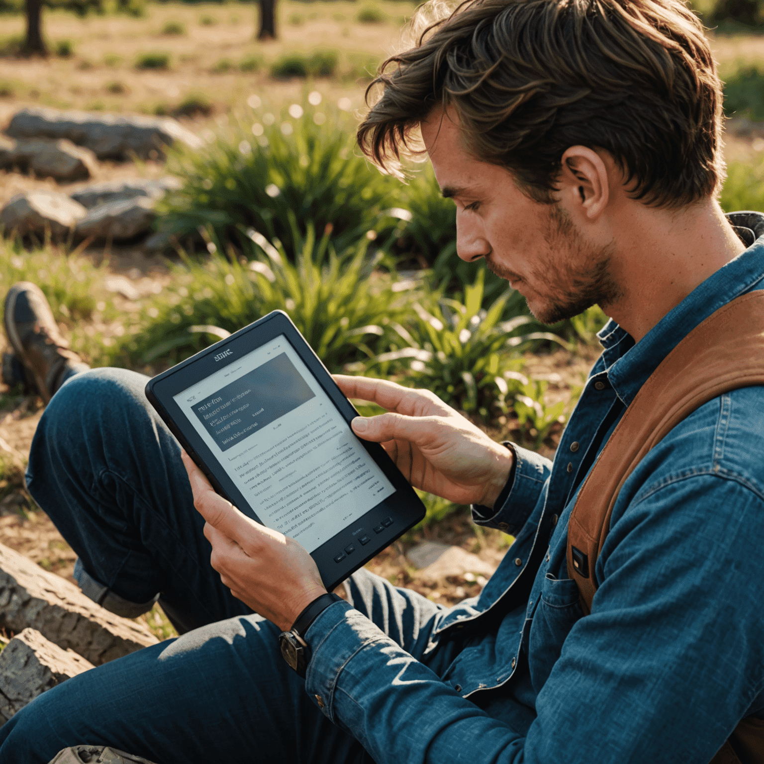 A person reading an e-reader outdoors, with a small solar panel visible on the device's edge, emphasizing long battery life and eco-friendly charging