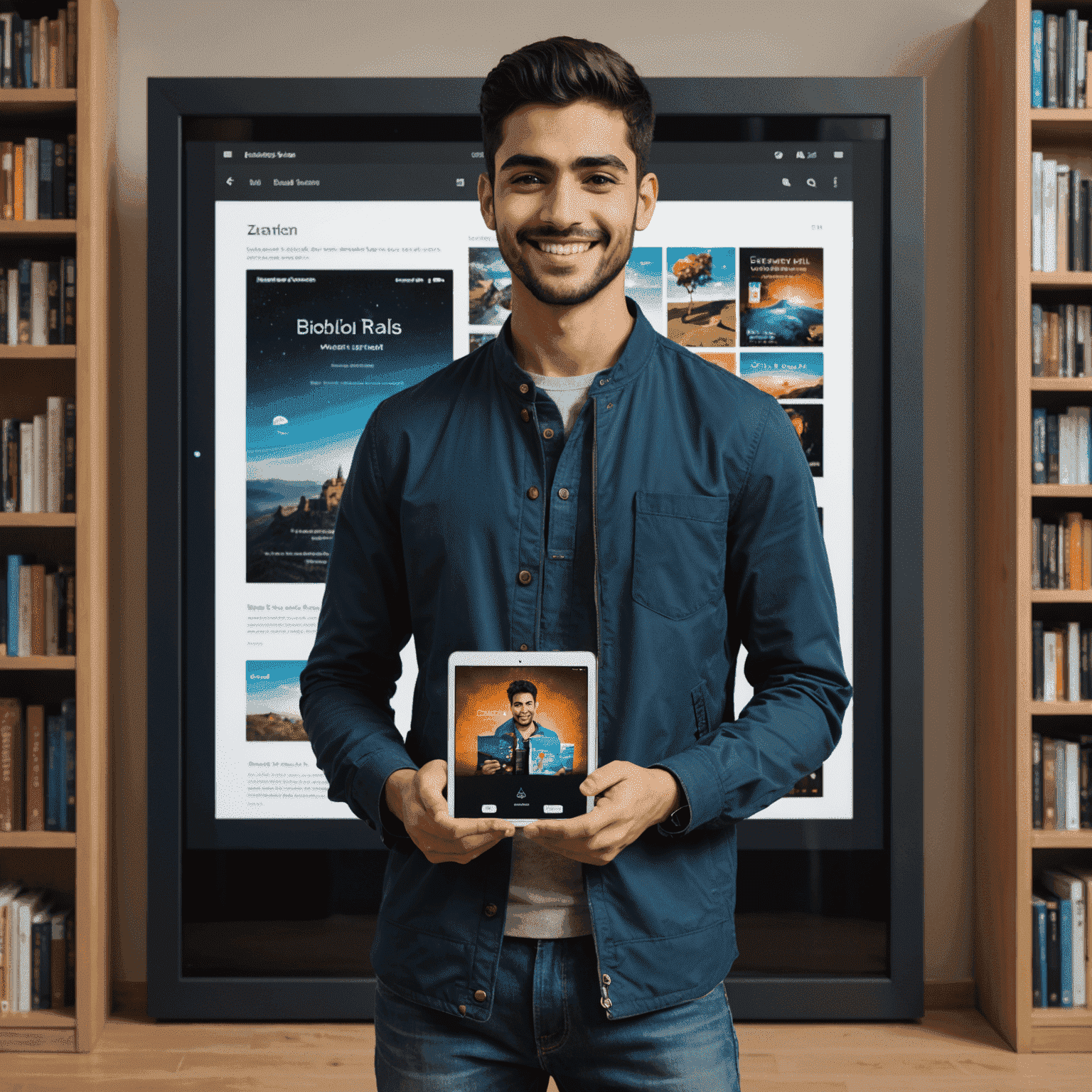 Zain Al-Rashid, a young man with dark hair and a friendly smile, standing next to a large touchscreen displaying his e-book covers