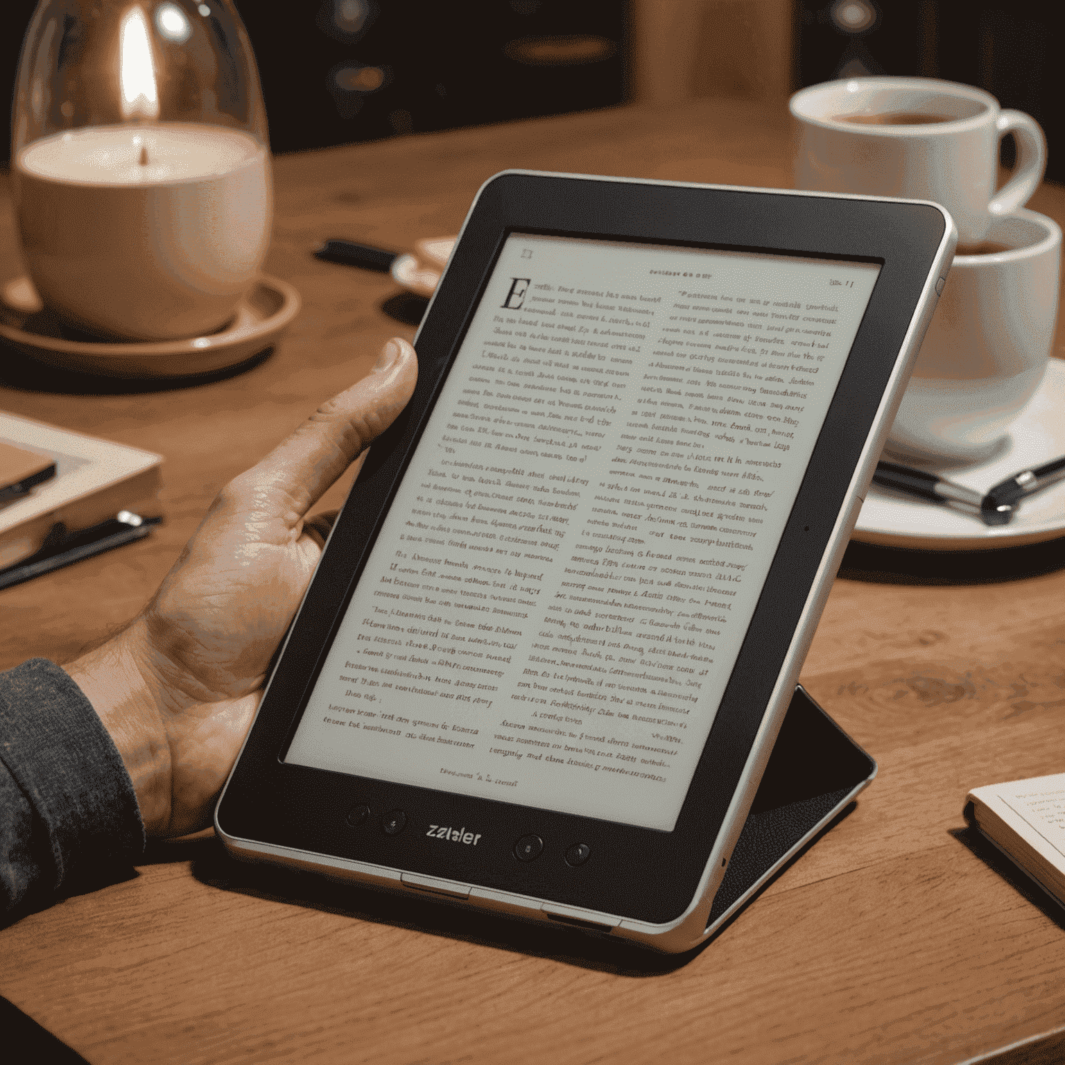 A close-up of an e-reader with an ergonomic design, showcasing a textured grip and adjustable warm lighting for comfortable night reading