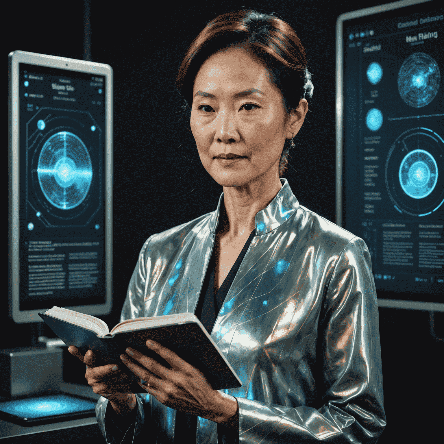 Dr. Amelia Chang, an elegant Asian woman in her 50s, presenting a holographic display of her latest e-book research