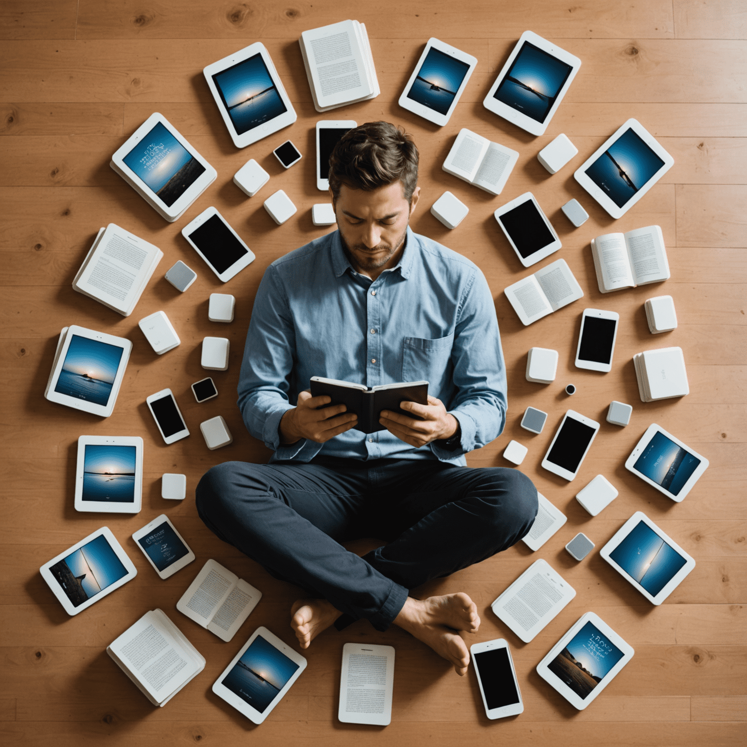 Cover of a self-help book with a person meditating surrounded by e-readers