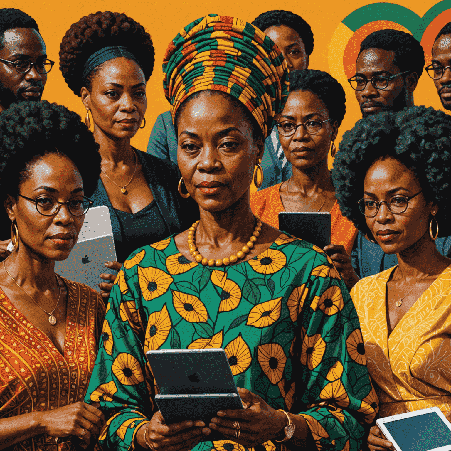 Sophia Nkrumah, a vibrant African woman, surrounded by a diverse group of authors, all looking at tablets displaying their collaborative e-book project