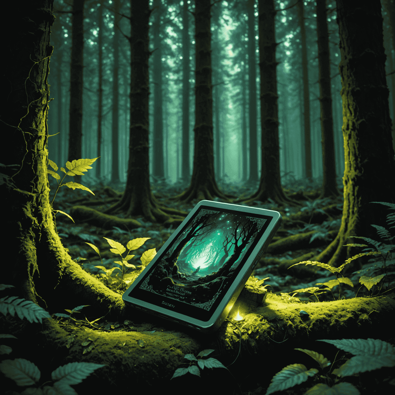 Cover of a fantasy novel featuring a magical e-reader glowing in a dark forest